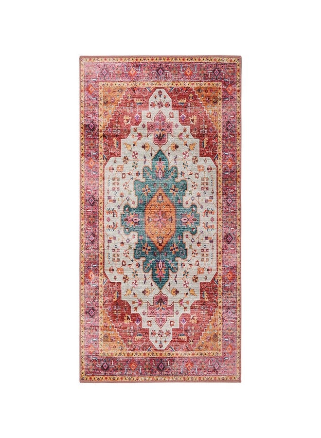 Moynesa Ultra-Thin Washable Pink Area Rug - 2x3 Small Pink Washable Bedroom Rug Entry Mat, Vintage Non-Slip Non-Shedding Low Pile Indoor Throw Carpet for Laundry Living Room Hardwood Floors Kitchen - Image 5